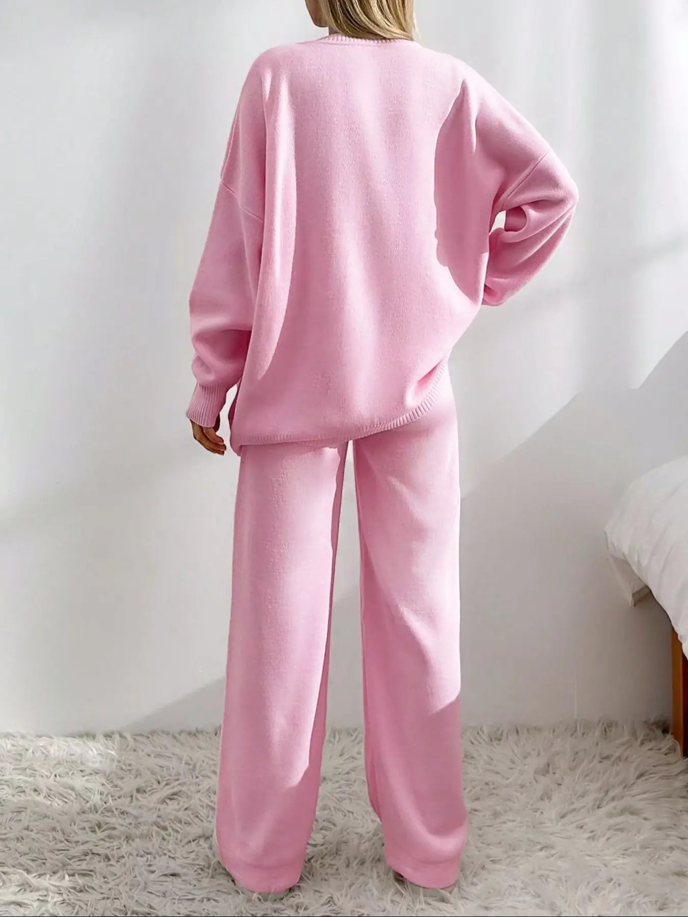Women'S Solid Button-Front Drop-Shoulder Long Sleeves V-Neck Cardigan & Elastic Waist Wide-Leg Pants 2-Piece Set Womenswear, Casual Minimalist Fashion Cozy Knitwear Set for Daily Outdoor Wear, Women'S Outfit for Fall & Winter