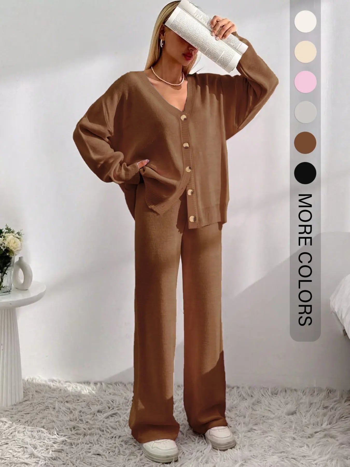 Women'S Solid Button-Front Drop-Shoulder Long Sleeves V-Neck Cardigan & Elastic Waist Wide-Leg Pants 2-Piece Set Womenswear, Casual Minimalist Fashion Cozy Knitwear Set for Daily Outdoor Wear, Women'S Outfit for Fall & Winter