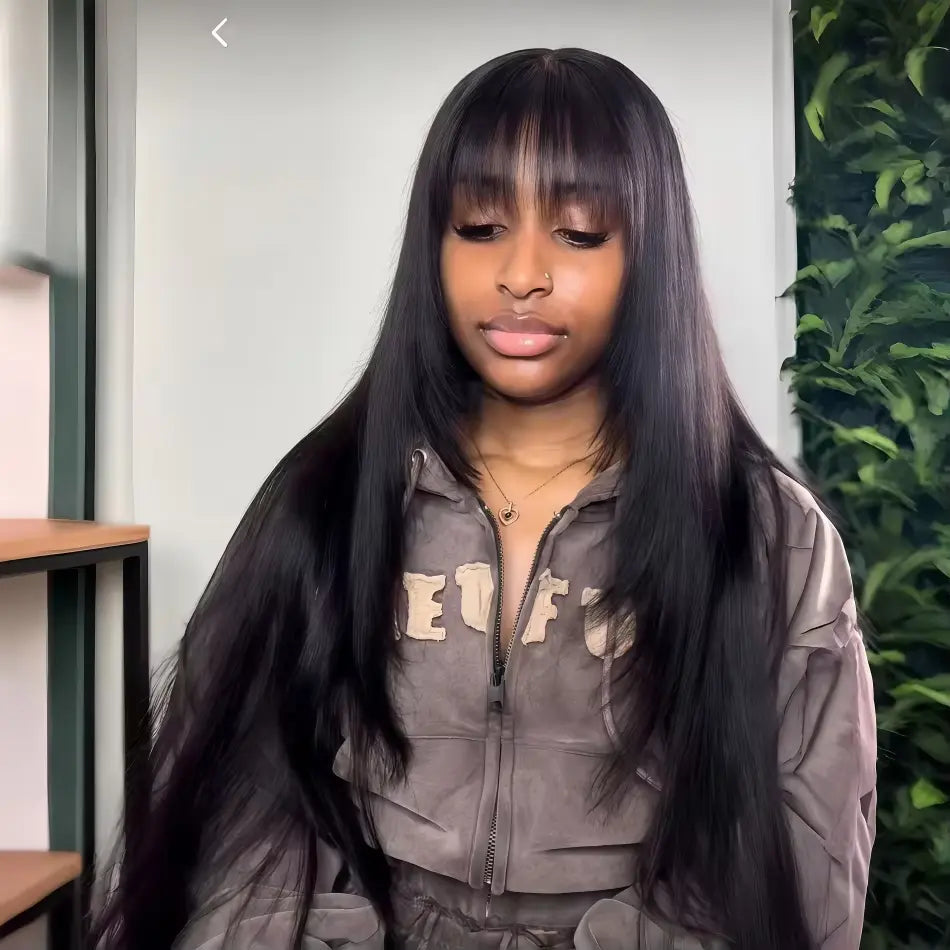 [New in Upgrade with Drawstring] Mamushow Straight Wigs with Bangs Human Hair 2X4 Lace Wig with Drawstring 180% Density Middle Part for Black Women Glueless Machine Made Wigs #Tiktokshopmemorialday#Summervibes