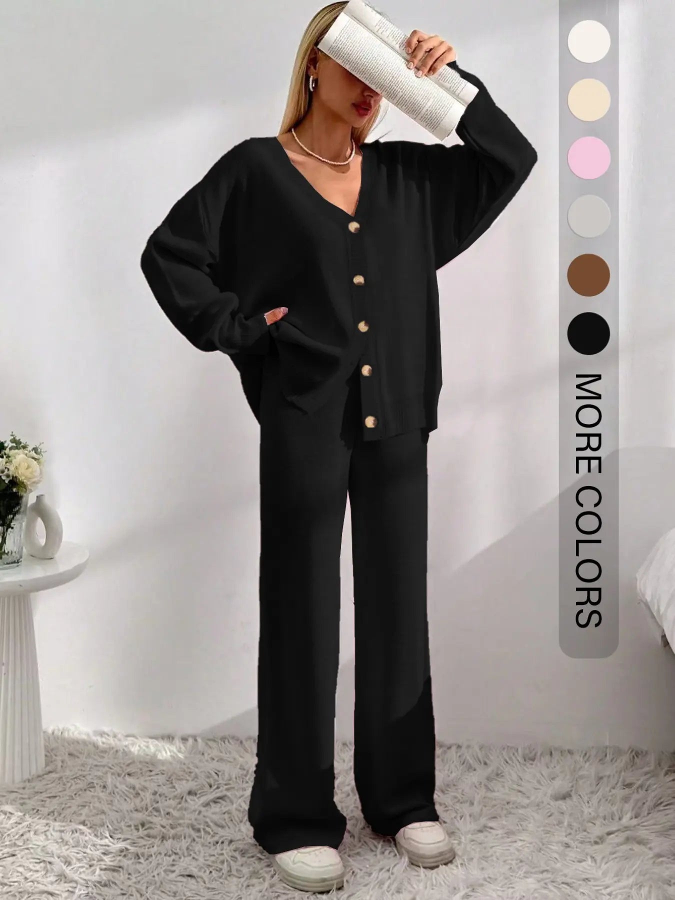 Women'S Solid Button-Front Drop-Shoulder Long Sleeves V-Neck Cardigan & Elastic Waist Wide-Leg Pants 2-Piece Set Womenswear, Casual Minimalist Fashion Cozy Knitwear Set for Daily Outdoor Wear, Women'S Outfit for Fall & Winter