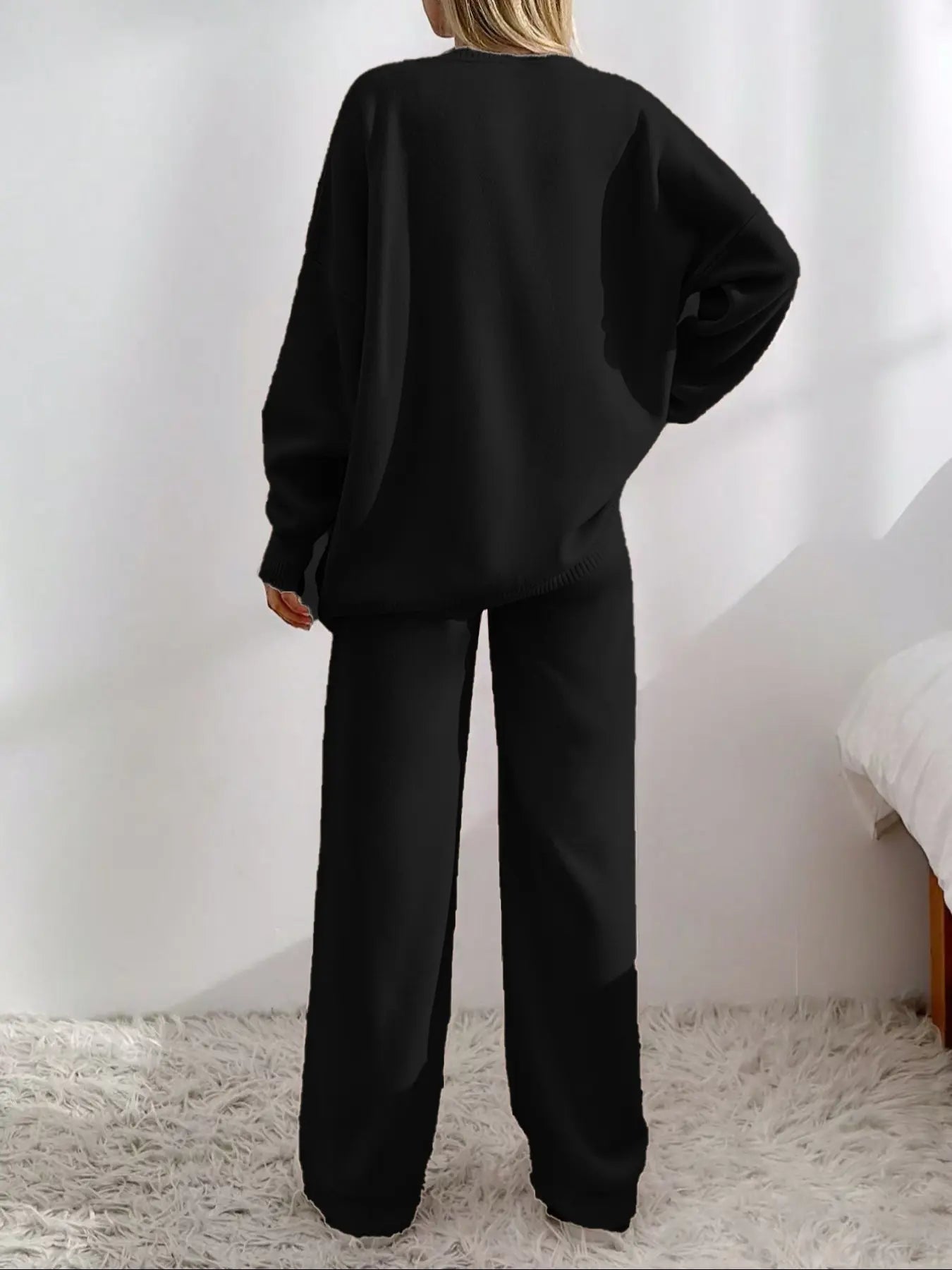 Women'S Solid Button-Front Drop-Shoulder Long Sleeves V-Neck Cardigan & Elastic Waist Wide-Leg Pants 2-Piece Set Womenswear, Casual Minimalist Fashion Cozy Knitwear Set for Daily Outdoor Wear, Women'S Outfit for Fall & Winter
