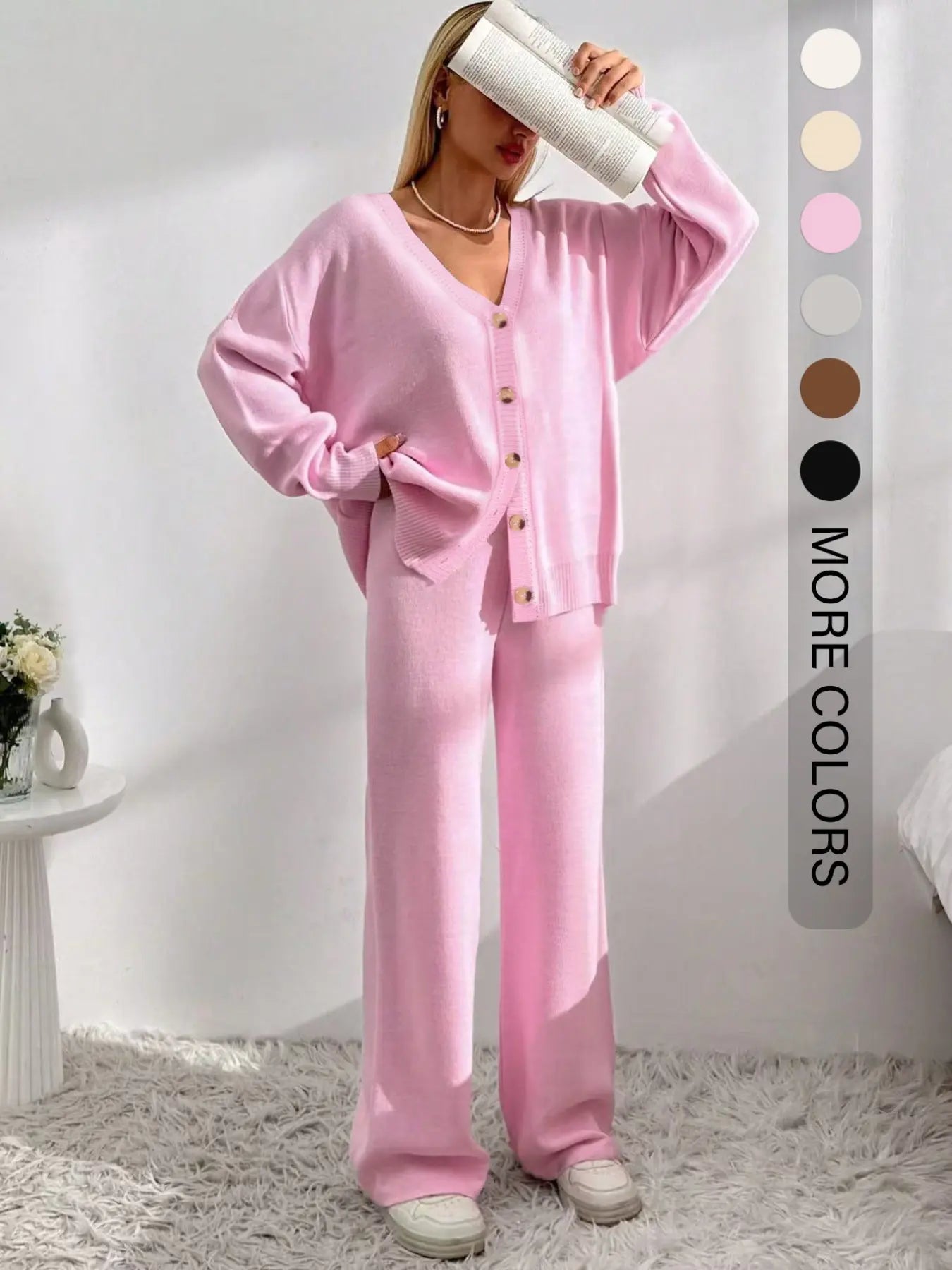 Women'S Solid Button-Front Drop-Shoulder Long Sleeves V-Neck Cardigan & Elastic Waist Wide-Leg Pants 2-Piece Set Womenswear, Casual Minimalist Fashion Cozy Knitwear Set for Daily Outdoor Wear, Women'S Outfit for Fall & Winter