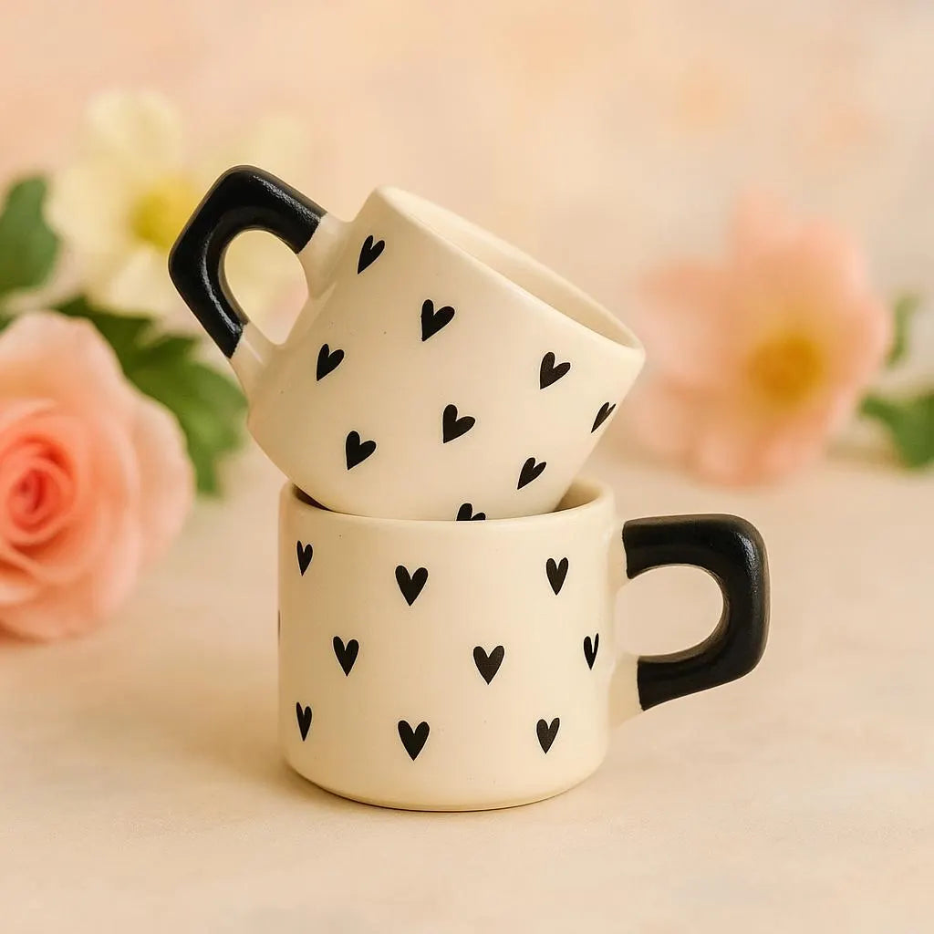 Set of 2 Black Heart Ceramic Coffee Mugs Handmade | Category: Drinkware Sets