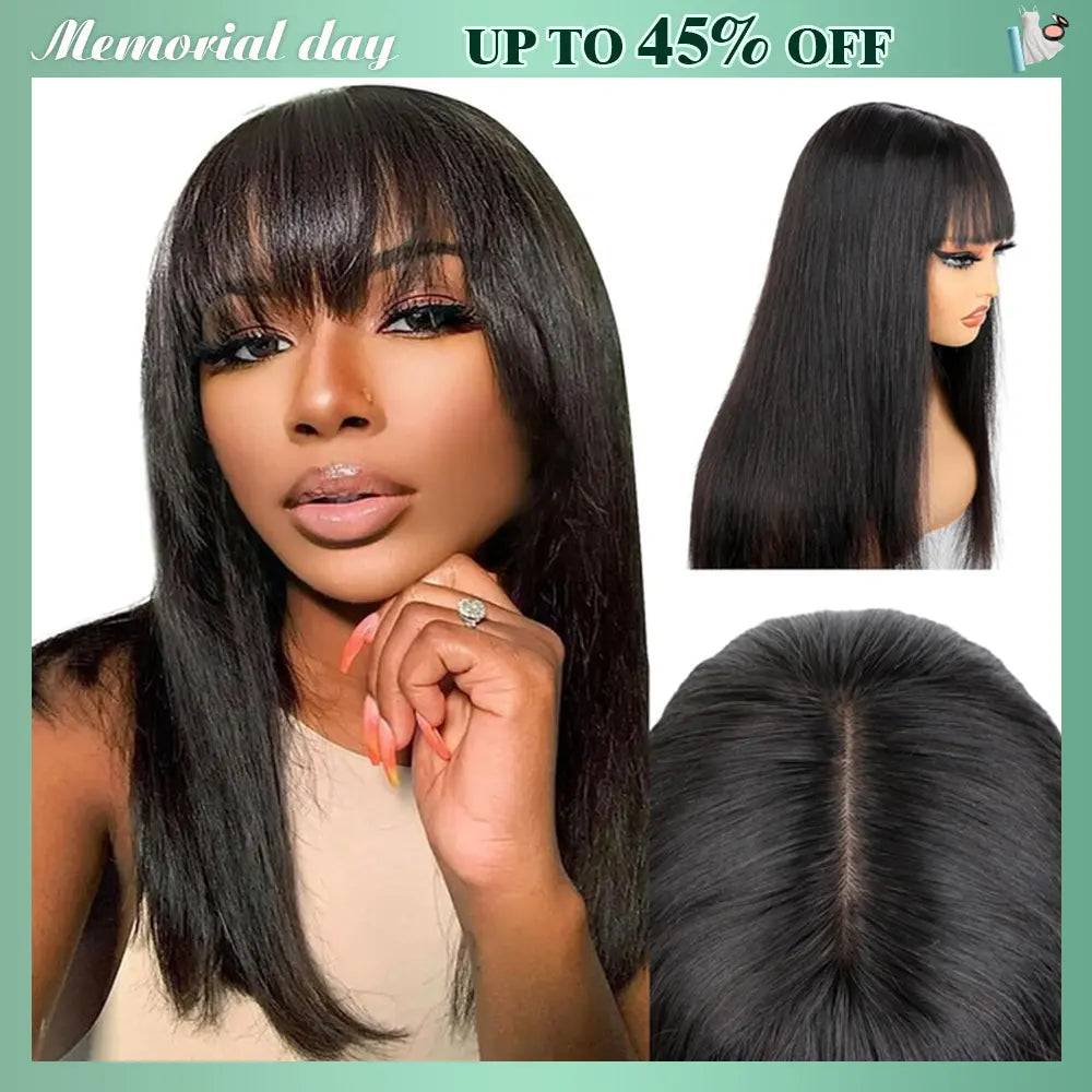 [New in Upgrade with Drawstring] Mamushow Straight Wigs with Bangs Human Hair 2X4 Lace Wig with Drawstring 180% Density Middle Part for Black Women Glueless Machine Made Wigs #Tiktokshopmemorialday#Summervibes