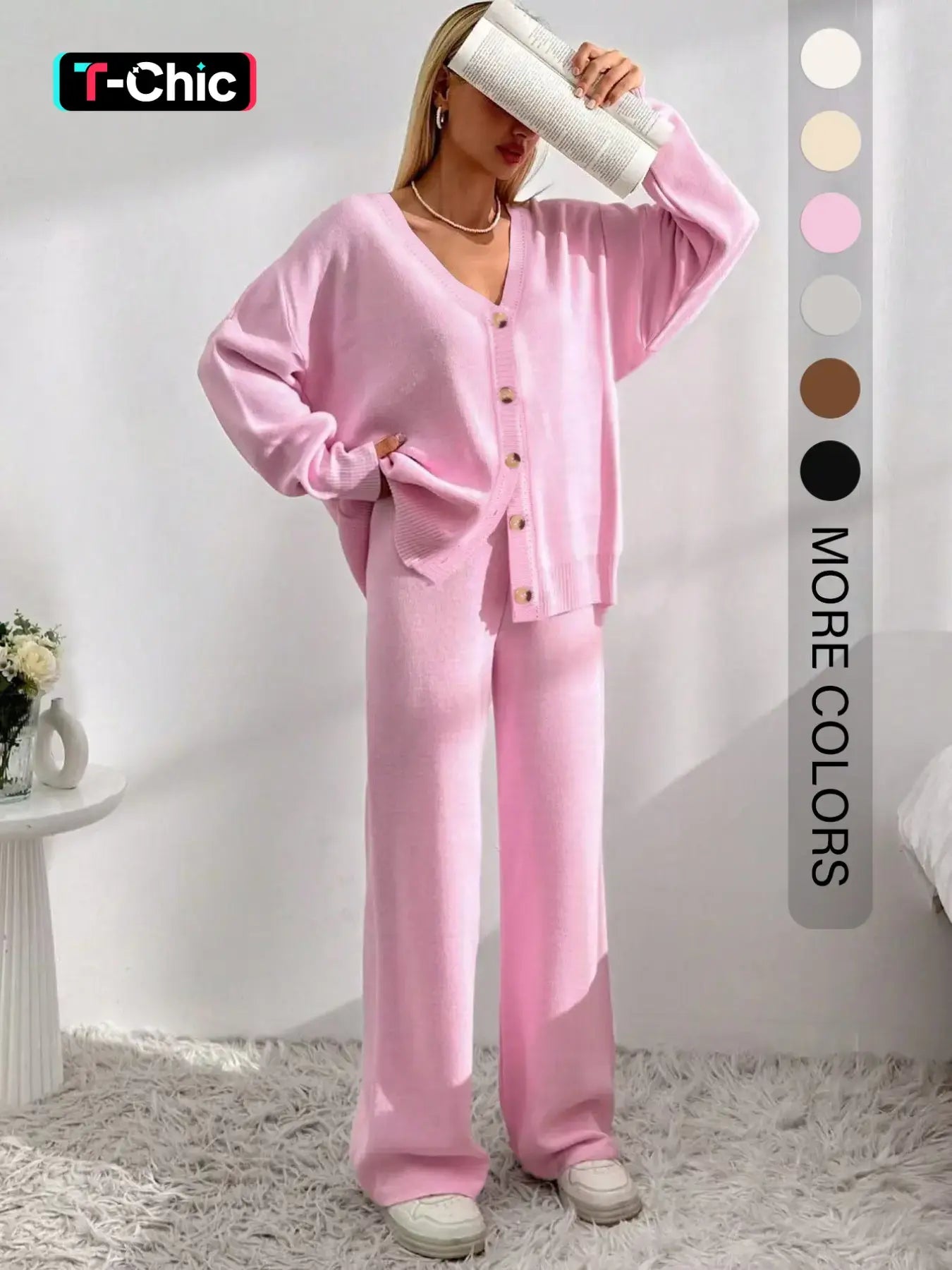 Women'S Solid Button-Front Drop-Shoulder Long Sleeves V-Neck Cardigan & Elastic Waist Wide-Leg Pants 2-Piece Set Womenswear, Casual Minimalist Fashion Cozy Knitwear Set for Daily Outdoor Wear, Women'S Outfit for Fall & Winter