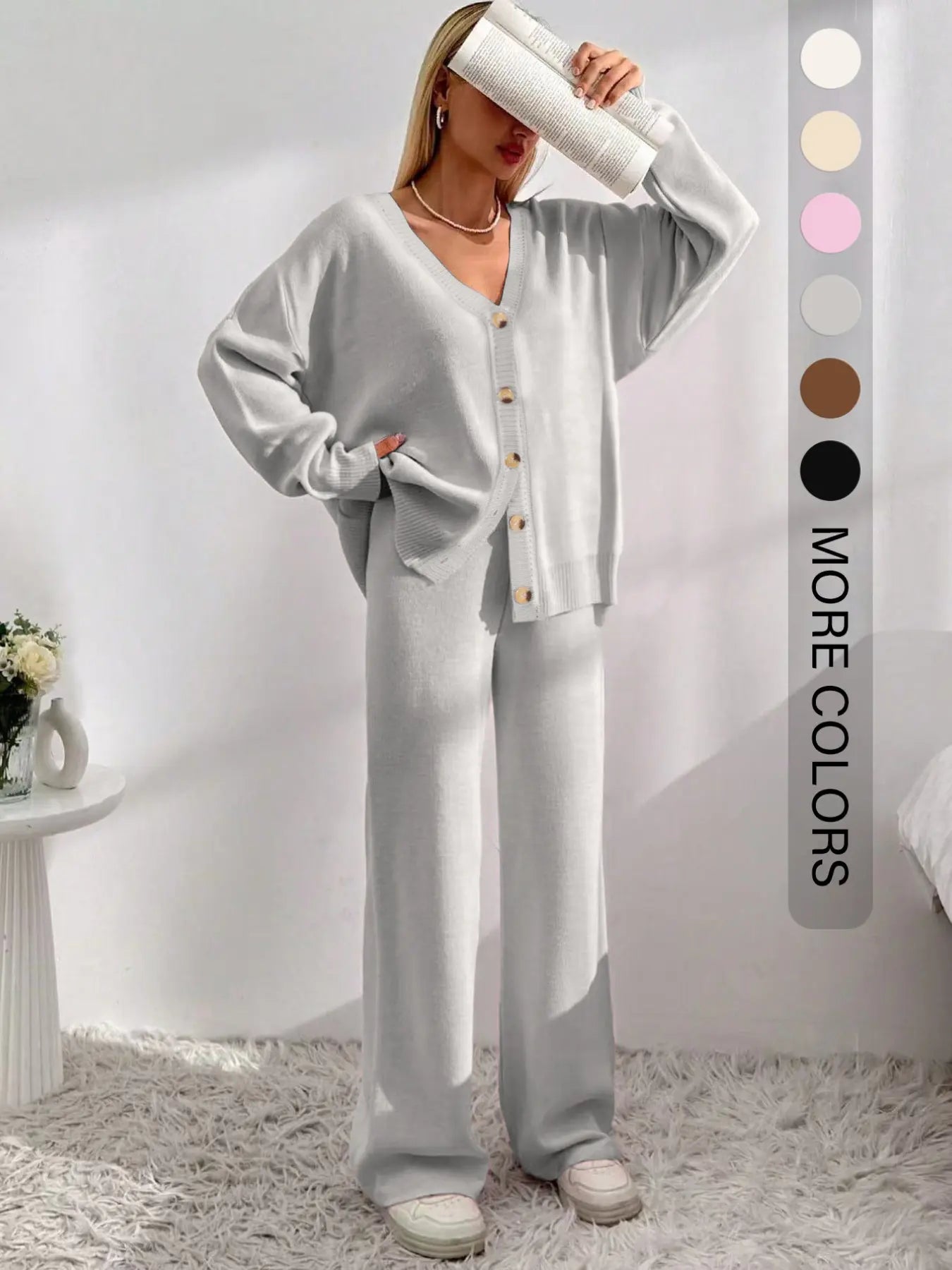 Women'S Solid Button-Front Drop-Shoulder Long Sleeves V-Neck Cardigan & Elastic Waist Wide-Leg Pants 2-Piece Set Womenswear, Casual Minimalist Fashion Cozy Knitwear Set for Daily Outdoor Wear, Women'S Outfit for Fall & Winter