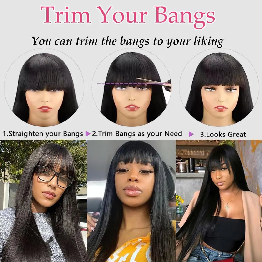 [New in Upgrade with Drawstring] Mamushow Straight Wigs with Bangs Human Hair 2X4 Lace Wig with Drawstring 180% Density Middle Part for Black Women Glueless Machine Made Wigs #Tiktokshopmemorialday#Summervibes