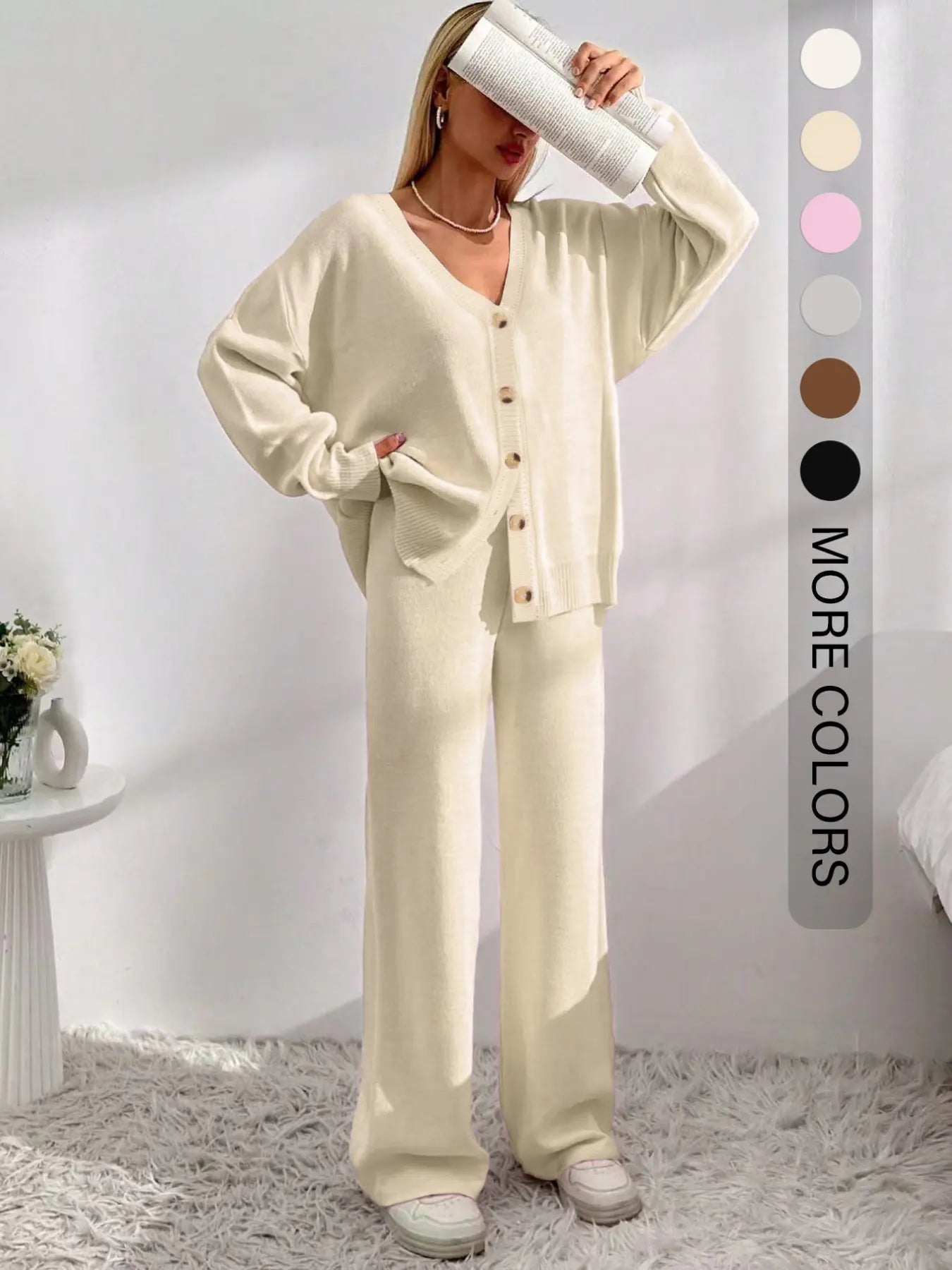 Women'S Solid Button-Front Drop-Shoulder Long Sleeves V-Neck Cardigan & Elastic Waist Wide-Leg Pants 2-Piece Set Womenswear, Casual Minimalist Fashion Cozy Knitwear Set for Daily Outdoor Wear, Women'S Outfit for Fall & Winter