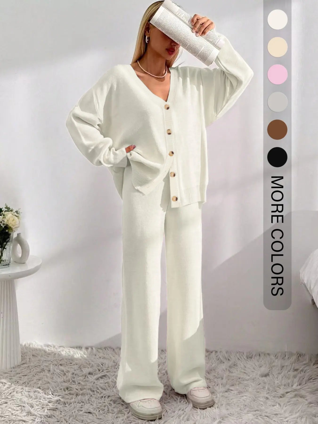 Women'S Solid Button-Front Drop-Shoulder Long Sleeves V-Neck Cardigan & Elastic Waist Wide-Leg Pants 2-Piece Set Womenswear, Casual Minimalist Fashion Cozy Knitwear Set for Daily Outdoor Wear, Women'S Outfit for Fall & Winter