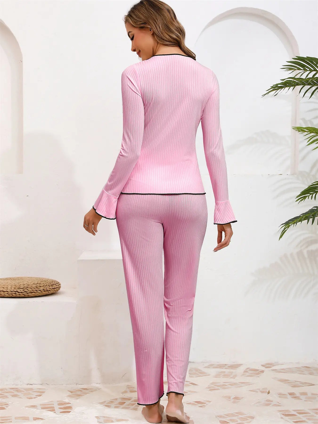 Women'S Bow Decor Long Sleeve Top & Pants Pajama Two-Piece Set, Casual Comfy Top & Trousers Set, Women'S Sleepwear & Loungewear for Spring & Fall