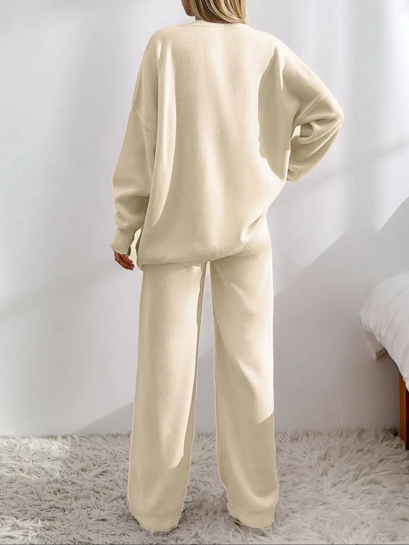 Women'S Solid Button-Front Drop-Shoulder Long Sleeves V-Neck Cardigan & Elastic Waist Wide-Leg Pants 2-Piece Set Womenswear, Casual Minimalist Fashion Cozy Knitwear Set for Daily Outdoor Wear, Women'S Outfit for Fall & Winter
