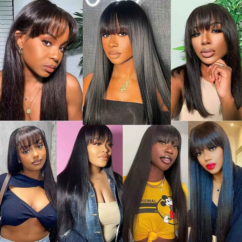 [New in Upgrade with Drawstring] Mamushow Straight Wigs with Bangs Human Hair 2X4 Lace Wig with Drawstring 180% Density Middle Part for Black Women Glueless Machine Made Wigs #Tiktokshopmemorialday#Summervibes