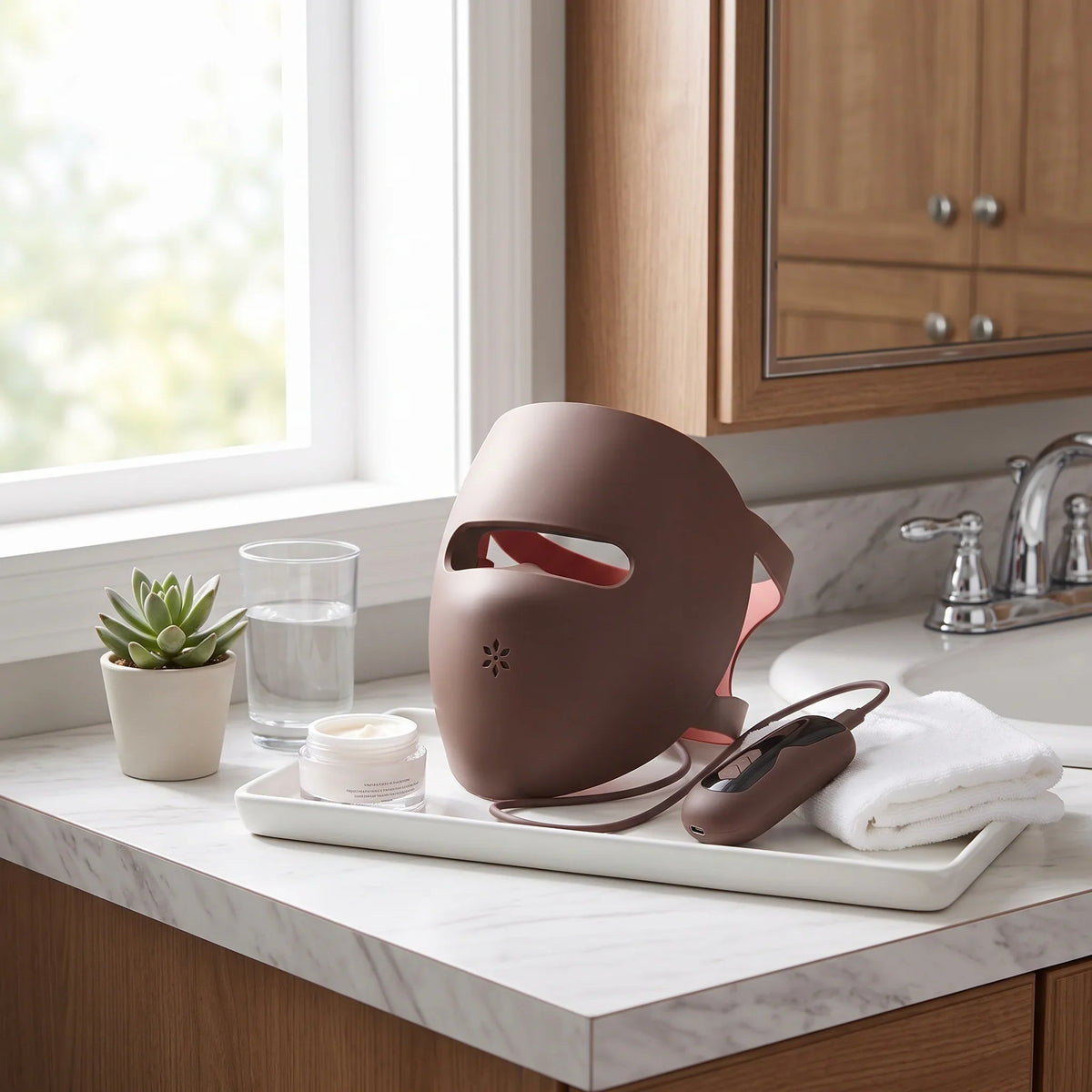 Brown TRIVANO LED phototherapy face mask with USB charging port, displayed in a lifestyle setting